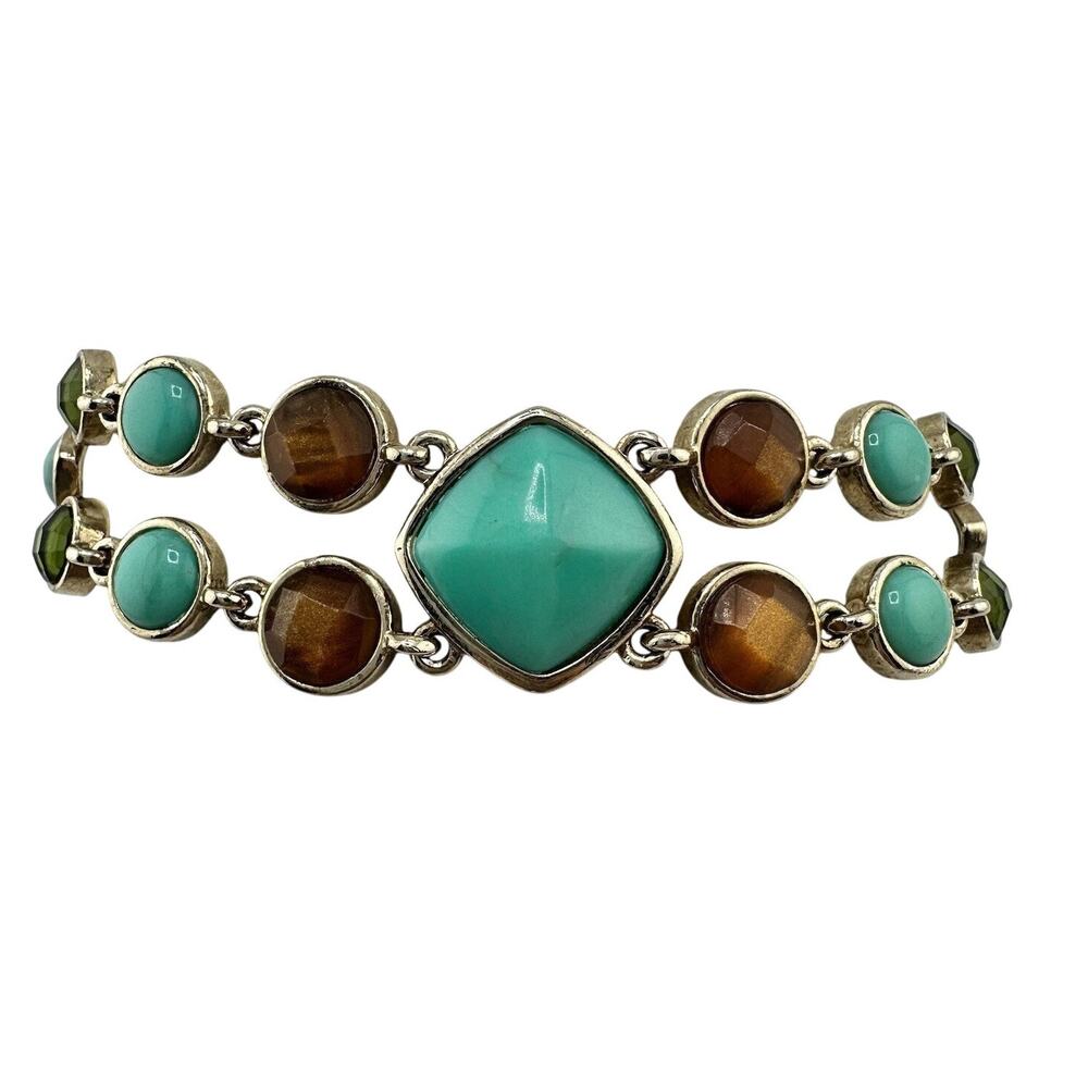Boho Faux Turquoise Green Brown Rhinestone Cabochon Gold Tone 7” Bracelet